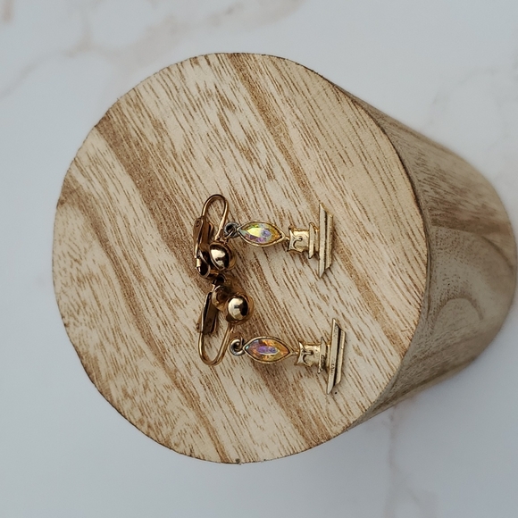 Vintage goldstone Aurora Borealis rhinestone candle earrings clip ons - Picture 3 of 6